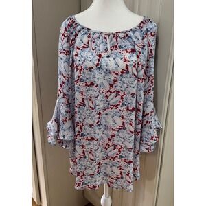 Chaps Floral Print Blouse Bell Sleeve Top XL Blue Red‎ White Y2K Fairycore